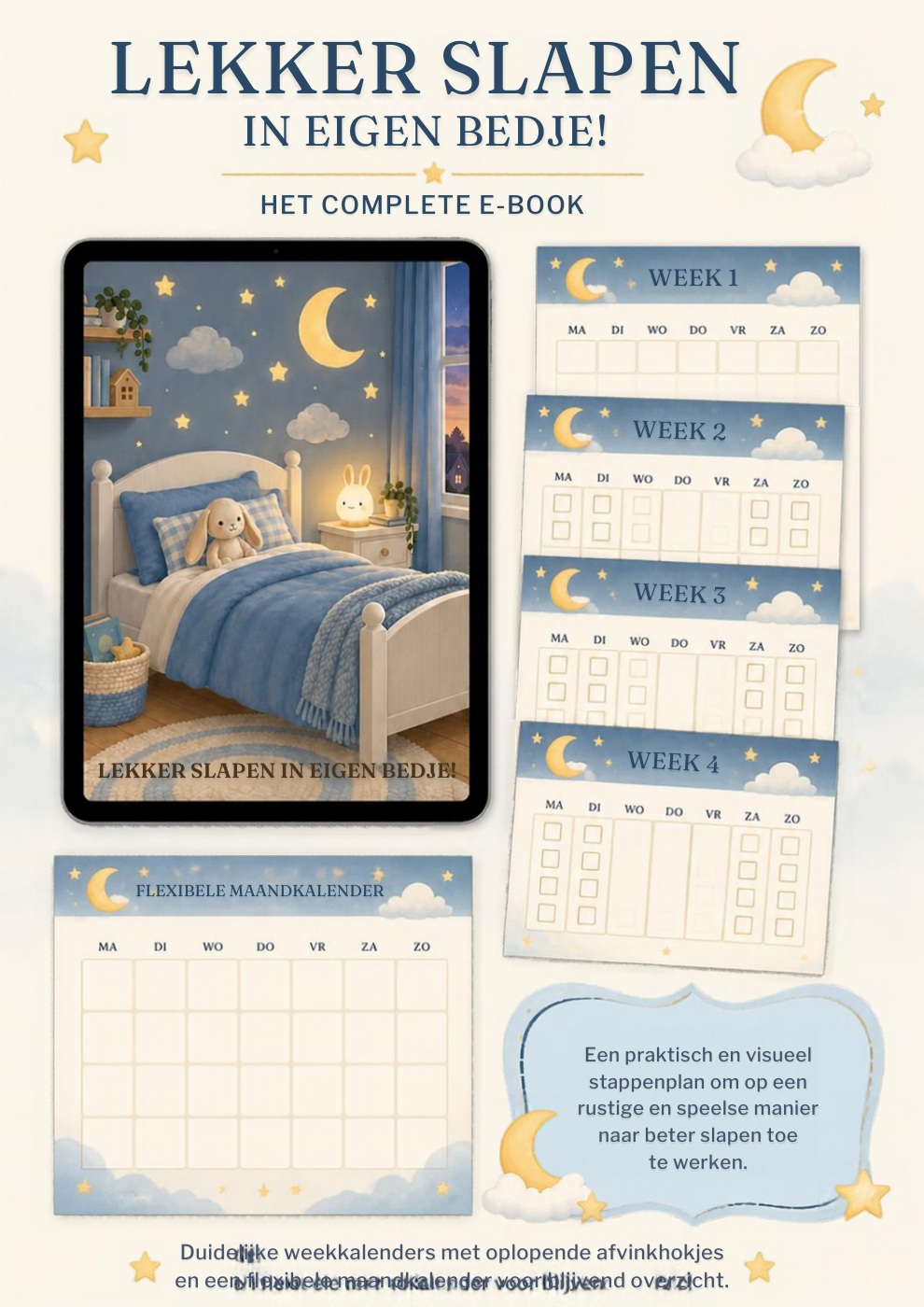 Mock-up van Lekker slapen in eigen bedje! met het e-book op een tablet, vier weekkalenders en een flexibele maandkalender
